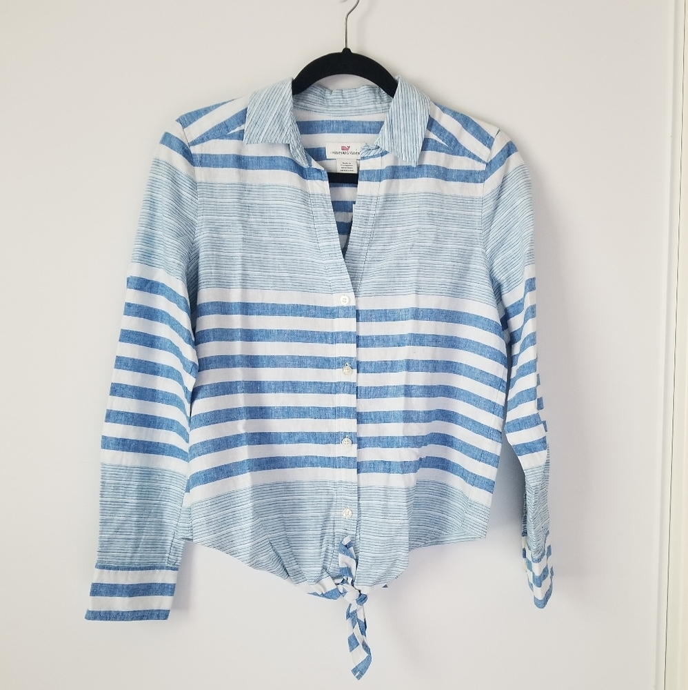 Vineyard Vines blue and white stripe linen blend front tie long sleeve blouse